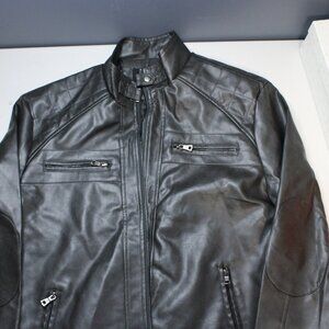 HOOD CREW Men’s Stand Collar Leather Jacket Casual Faux XL, Black